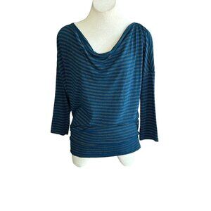 Michael Stars Teal Blue and Gray Striped Slouchy Long Sleeve Cotton Modal Top OS